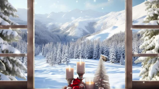 Christmas Winter snow photo Wooden table and window with blurred mountain winter trees landscape background. High quality photo - Seamless loop animation, created using AI Generative Technology