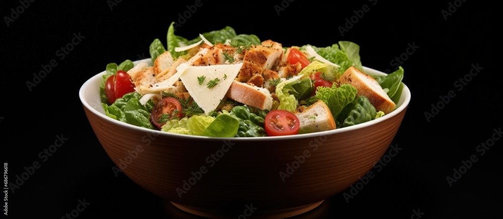 Poster Grilled chicken with fresh greens and croutons Copy space image Place for adding text or design