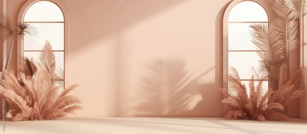 Poster product presentation backdrop empty beige studio with window shadows flowers and palm leaves 3d room
