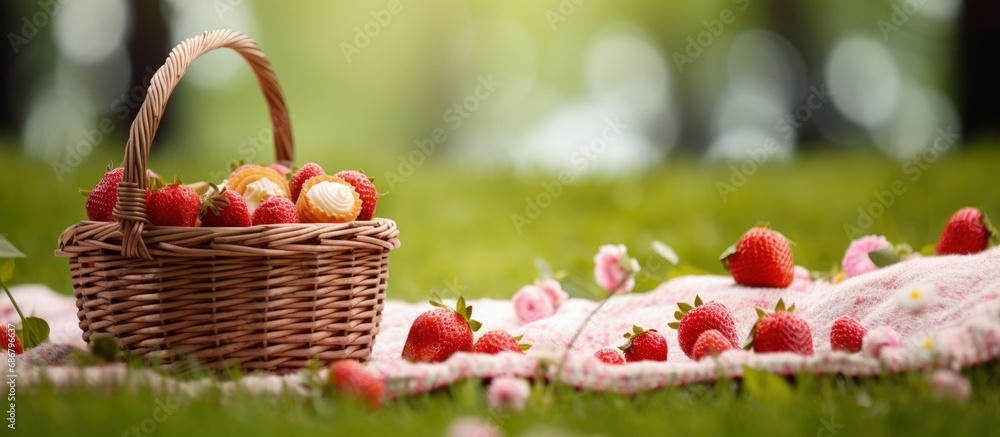Poster mini basket of strawberries on a white blanket with dessert snack for spring picnic surrounded by ch