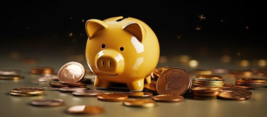 Piggy bank glued with plaster coins on its side Savings loss crisis unemployment Investing for future Copy space image Place for adding text or design