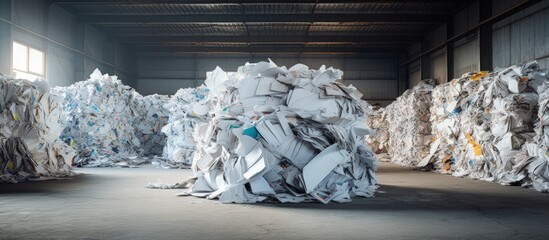 Pre shredded paper pile at recycling facility Copy space image Place for adding text or design