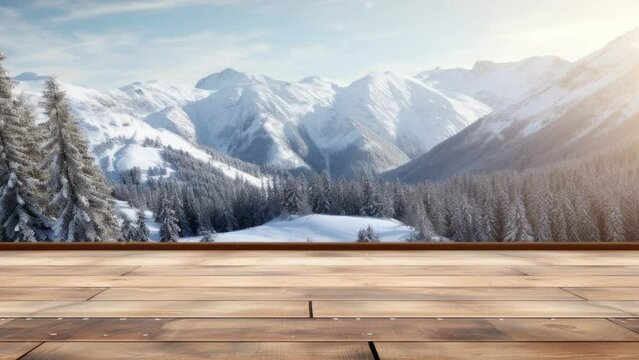 Christmas Winter snow photo Wooden table and window with blurred mountain winter trees landscape background. High quality photo - Seamless loop animation, created using AI Generative Technology