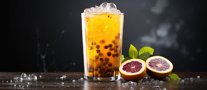 Healthy summer drink Iced passion fruit soda with lemon and fruit slice on grey background Copy space image Place for adding text or design