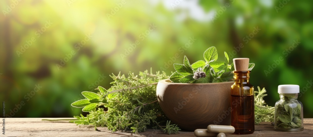Poster Herbal remedies in various forms for health and wellness Copy space image Place for adding text or design