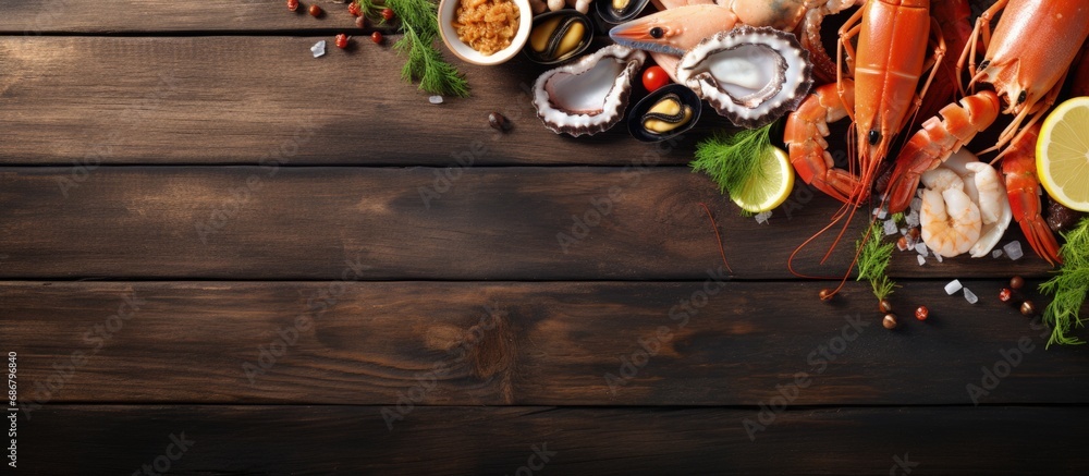 Poster luxurious seafood plate with fresh shrimps oysters mussels langoustines octopus lemon herbs on woode