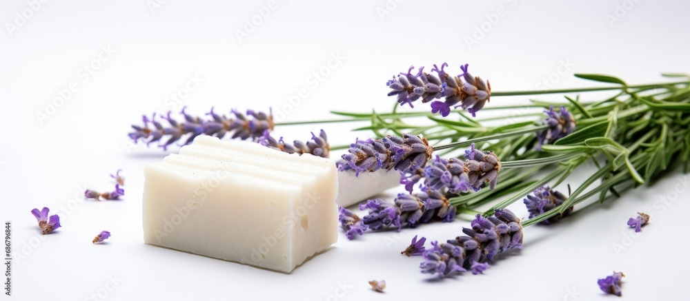 Poster Handcrafted lavender soap on white background for spa and aromatherapy Copy space image Place for adding text or design