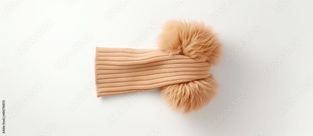 Poster handcrafted winter scarf against white backdrop copy space image place for adding text or design