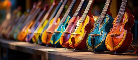 Handmade string instruments with Roatan painted for sale in an outdoor market Copy space image Place for adding text or design