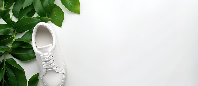 Minimalistic White Women S Leather Sneakers With A Tropical Leaf Sun Shade On A White Background Seen From Above Stylish Sports Shoes Made Of Genuine Leather Copy Space Image Place For Adding T