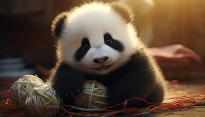 A panda cub playing with a ball of yarn