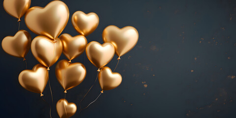Gold Heart shaped balloons composition on a dark background - Love design