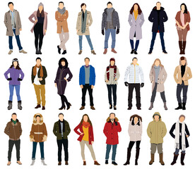 Illustration of bundle of modern people wearing Street fashion autumn, winter warm clothes. Men and women in trendy outwear standing and walking. Cartoon characters  illustration on white background. - obrazy, fototapety, plakaty