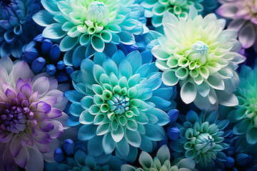 A macro shot of a vibrant blue-green chrysanthemum blooming on a multicolored spring-summer backdrop.