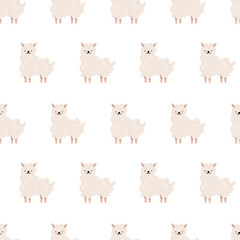 Boho baby animal toys seamless pattern for girls and boys. Cartoon collection with bear, lama, giraffe, cloud toys decor for cute bedroom clothes vector isolated. Kids learning Montessori equipment