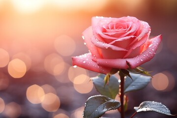 closeup of a beautiful pink rose on blurred dreamy bokeh background, Valentine's day or wedding background