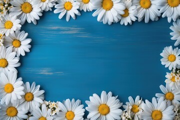 template floral picture frame of daisy on blue wooden background