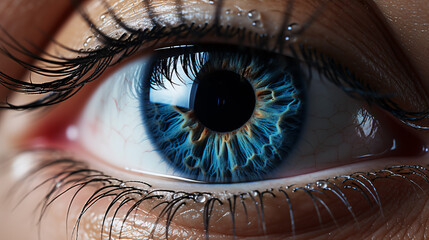 A macro photo of an eye iris against a dark backdrop.