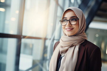 A ravishing young Muslim businesswoman in glasses and hijab beams at the camera in a modern workspace. - obrazy, fototapety, plakaty