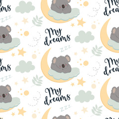 Seamless pattern with sleeping baby koala, vector illustration.
