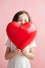 child holding heart shaped balloon, symbolizing love and passion for Valentine's Day. generative AI