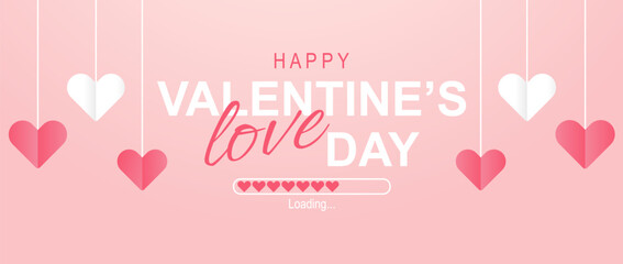 Poster or banner Happy Valentine's day. Love loading.  Background for sale with hanging hearts.Happy Valentine's day header or voucher template with hanging hearts. - obrazy, fototapety, plakaty
