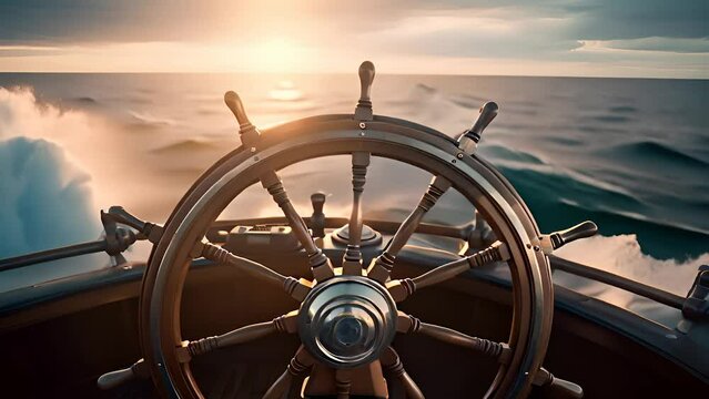 ship steering wheel, helm at sunset. Generative Ai	

