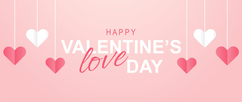 Poster or banner Happy Valentine's day. Background for sale with hanging hearts. Happy Valentine's day header or voucher template with hanging hearts.