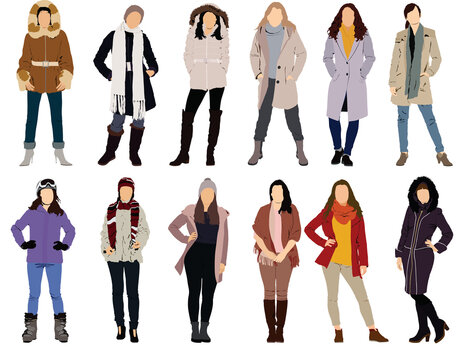 Set of winter outfits women fashion illustration. Casual stylish city street style fashion outfits.