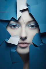 beauty and fashion portrait of woman face looking through paper hole, in style of blue and white, creative makeup and cosmetics