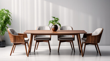 A wood and fabric dining set isolated on a luminous white backdrop.