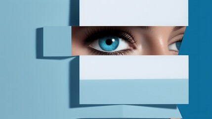 beautiful woman eye looking at camera through white and blue paper, geometric shapes and stripes design, creative beauty and fashion makeup concept