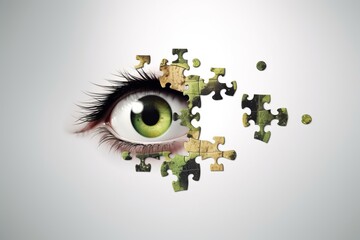 Human eye, partially composed of puzzle pieces, symbolizing the concept of vision restoration and laser eye correction surgery. Idea of assembling visual clarity through medical intervention.