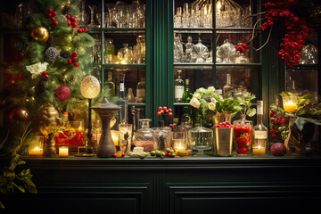 Christmas cocktail bar, gourmet holiday drinks, adorned with fresh herbs, edible flowers