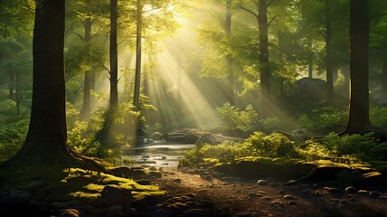 The breathtaking allure of a forest at sunrise, with the first light filtering through the trees,...