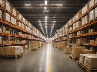 A retail warehouse full of shelves with goods in cartons, with pallets and forklifts. Logistics and transportation blurred the background. Product distribution center.