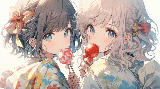Two cute little girls with lollipops in their hands. 3d illustration