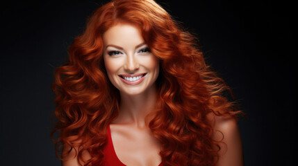 Portrait of beautiful 40 yo woman with red curly hair on black background.