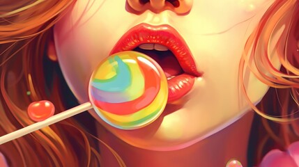 Sexy woman with lollipop in her mouth. 3d illustration - obrazy, fototapety, plakaty