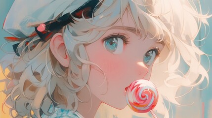 A closeup shot of a cute girl with a lollipop. 2d illustration. - obrazy, fototapety, plakaty