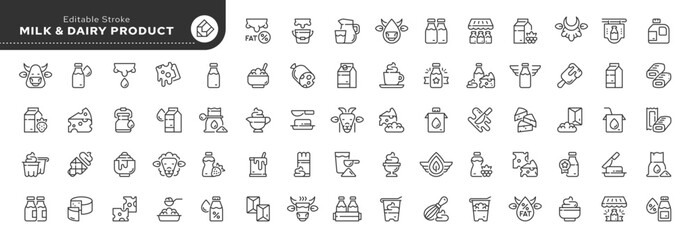 Set of outline icons in linear style. Series - Milk and dairy products. Natural cow's milk and fermented milk product, cheese, cream, sour cream and cottage cheese. Web line icon.  - obrazy, fototapety, plakaty
