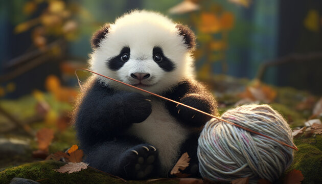 A Panda Cub Playing With A Ball Of Yarn