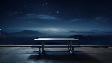 an empty table under the starry sky, with the ethereal lights from a blurred Petrol station creating a dramatic backdrop for an otherworldly product display