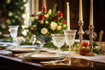 Holiday dining table set with vintage china, antique silverware, and classic Christmas centerpieces