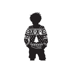 Christmas Boy Silhouette Emanating Spirit in Sweater - Black Vector Christmas Silhouette
