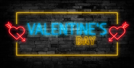 Obraz premium Valentines Day. Valentines Day neon script lettering. Valentine's Day neon sign. 14th February.