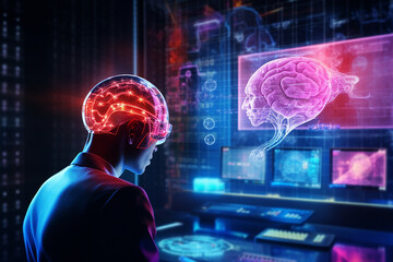 Realistic brain scan, neural activity, neon colors