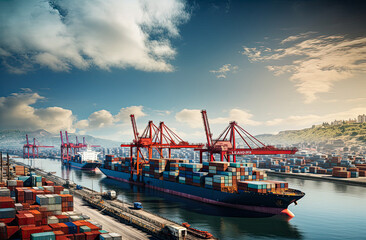 Fototapeta premium background, logistic, shipping, transportation, cargo, trade, transport, export, import, commerce. the most global shipping operations ship boat cargo container and crane on ocean background.