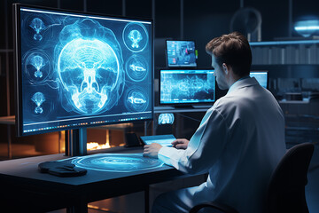 Fototapeta premium Radiologist examining a CT scan on a lightbox, with detailed annotations and notes, computer screens