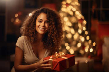 Beautiful woman holding a present, golden bokeh in the background. Generative Ai
